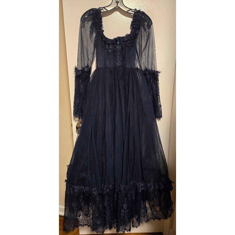 Widow Dance With Death sheer lace tulle navy blue maxi dress XXS